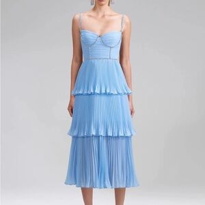 Self-Portrait Blue Pleated Tiered Midi Dress